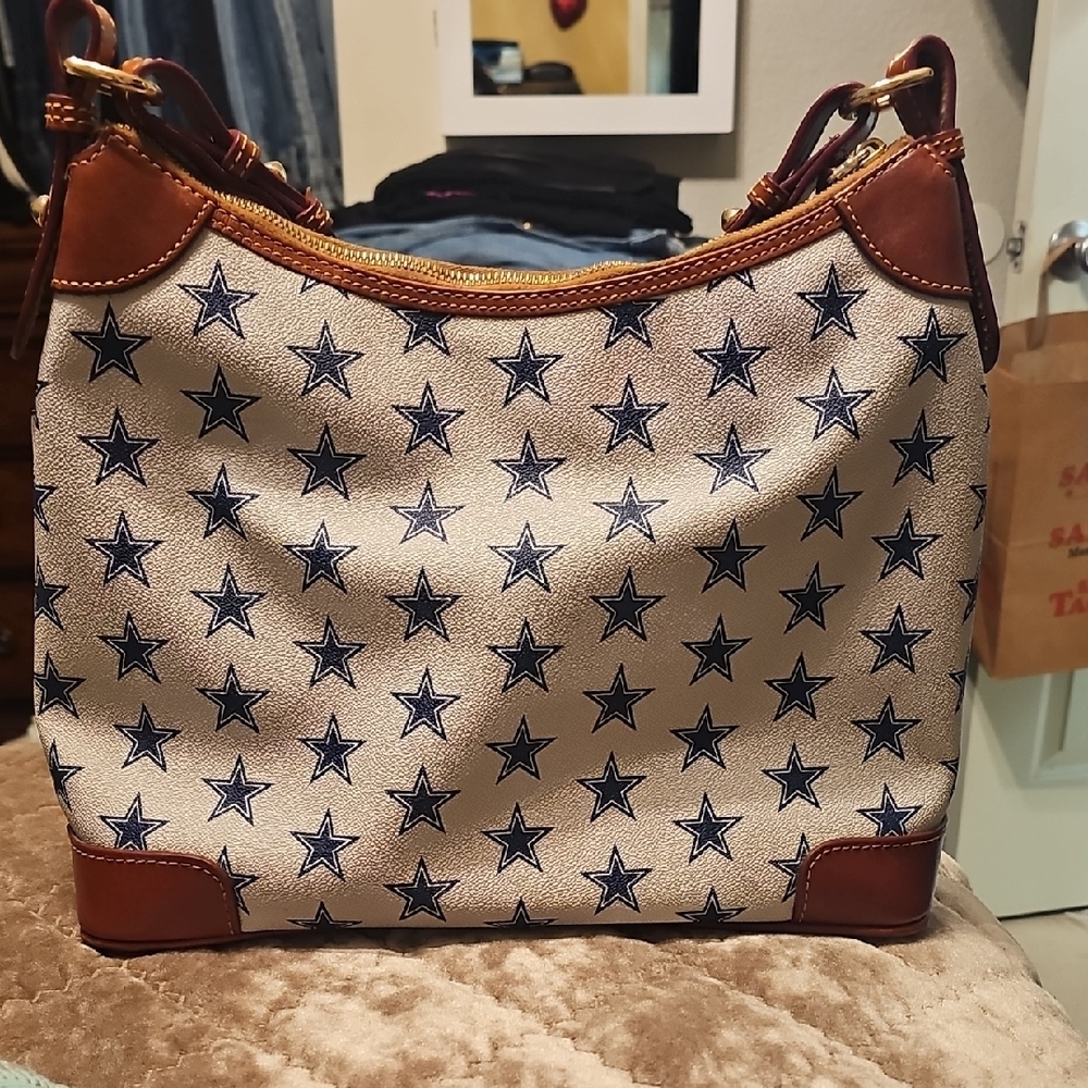 Dooney & Bourke Beige Star-Print Canvas Shoulder Bag with Brown Leather Trim - Picture 2 of 2